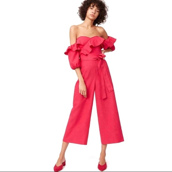 Club Monaco Pants - Club Monaco women’s bright pink size 2 off shoulder ruffle top jumpsuit